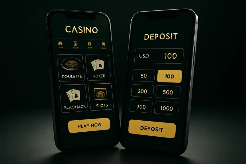 Casino App Smartphones Two smartphones showing dark casino app lobby and deposit screen