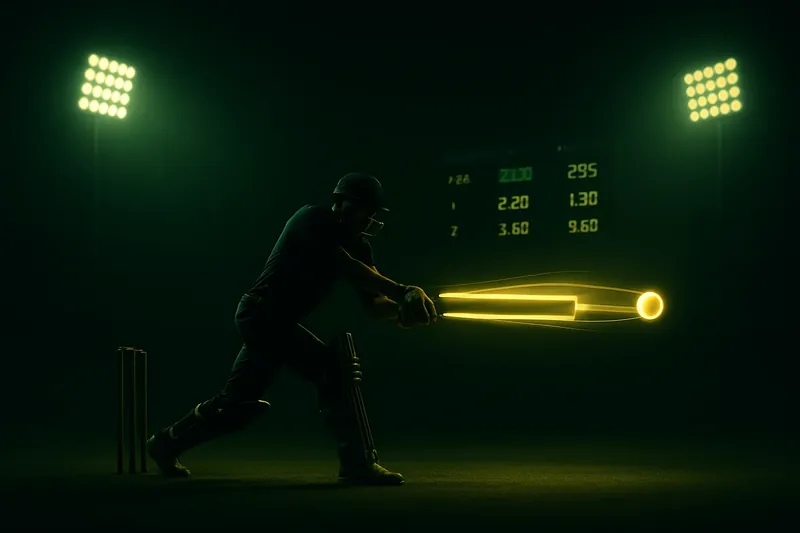 Cricket athlete in motion with neon speed trail under stadium floodlights