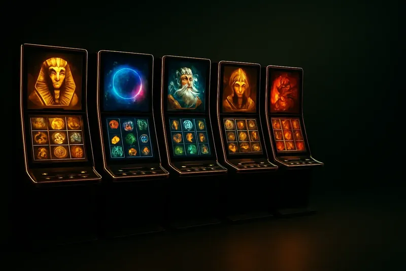 Modern Slot Machine Bank Five vivid video slot machines with neon lighting and themed screens